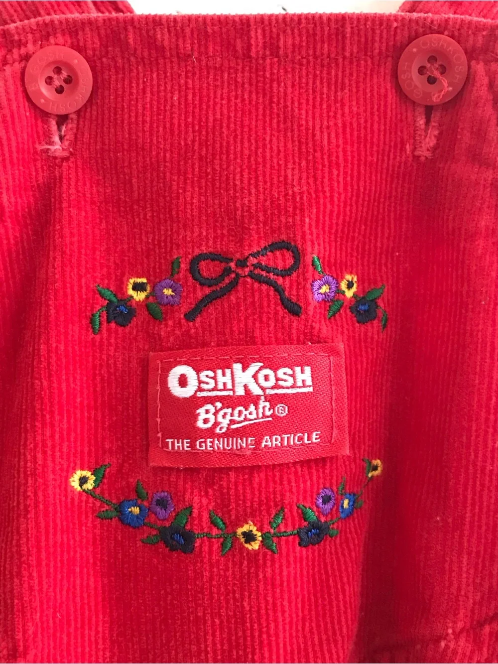 OshKosh B'gosh Red Corduroy Overalls Vestbak Floral Embroidered Vintage